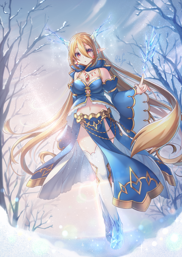 1girl bangs bare_tree blonde_hair blue_dress blue_shirt blue_sleeves blush breasts clouds commentary_request crop_top day detached_sleeves dress earrings eyebrows_visible_through_hair full_body gem horns ice ice_horns index_finger_raised jewelry long_hair looking_at_viewer magic medium_breasts midriff navel necklace open_mouth original outdoors pelvic_curtain pointy_ears red_eyes rifu_skr shirt sky snow snowing solo sparkle standing thigh-highs tree very_long_hair walking white_legwear winter