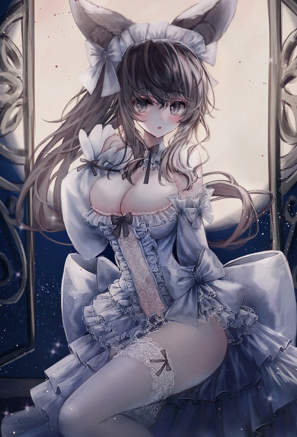 1girl animal_ears breasts brown_hair dress highres huge_breasts kneehighs long_hair moon open_mouth original ponytail star_(sky) tandohark white_dress