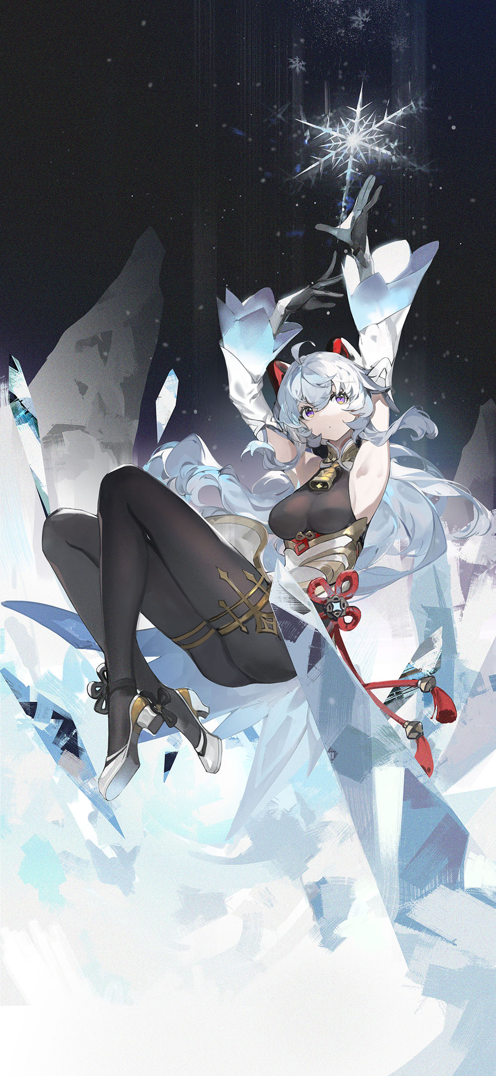 1girl ahoge bangs bell black_gloves blue_hair bodystocking breasts cowbell crossed_legs detached_sleeves falling ganyu_(genshin_impact) genshin_impact gloves goat_horns high_heels highres horns ice large_breasts long_hair long_sleeves looking_up low_ponytail reaching_out red_ribbon ribbon saberiii snowflakes solo thigh_strap very_long_hair violet_eyes white_footwear