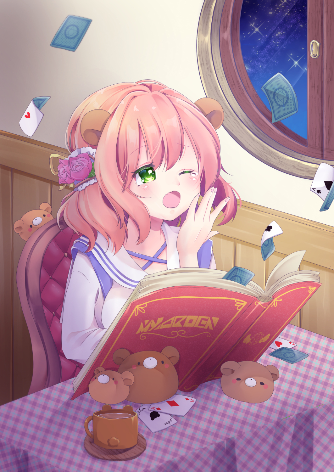 1girl animal_ears bear_ears blush book card cup flower green_eyes hair_flower hair_ornament highres indoors light_brown_hair myarock night one_eye_closed open_book open_mouth original playing_card sky solo star_(sky) starry_sky stuffed_animal stuffed_toy table teddy_bear yawning