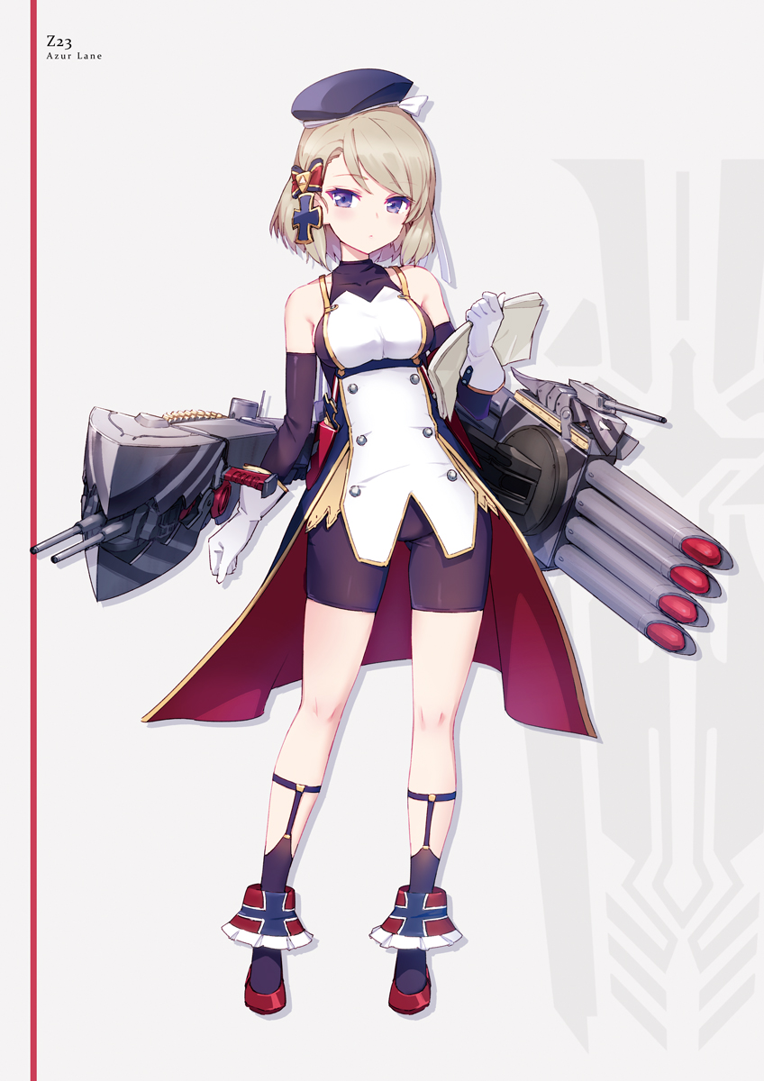 1girl azumi_akitake azur_lane bare_shoulders bike_shorts breasts elbow_gloves full_body gloves grey_hair hair_ornament hat highres iron_cross looking_at_viewer medium_breasts shoes short_hair standing violet_eyes weapon white_background white_gloves