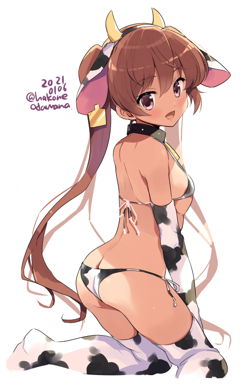 1girl :d ass bikini blush brown_eyes brown_hair cowboy_shot elbow_gloves eyebrows_visible_through_hair gloves hair_between_eyes kantai_collection libeccio_(kantai_collection) long_hair odawara_hakone open_mouth simple_background smile solo swimsuit thigh-highs twintails twitter_username white_background white_bikini white_gloves white_legwear