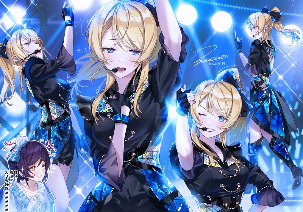 aiguillette ayase_eli bangs black_gloves black_shirt blonde_hair blue_eyes bow eyebrows_visible_through_hair fingerless_gloves full_body gloves hair_bow hair_ribbon headset high_ponytail long_hair love_live! love_live!_school_idol_project multiple_views music one_eye_closed ponytail ribbon shirt short_sleeves signature singing solo_focus stage stage_lights swept_bangs toujou_nozomi zawawa_(satoukibi1108)