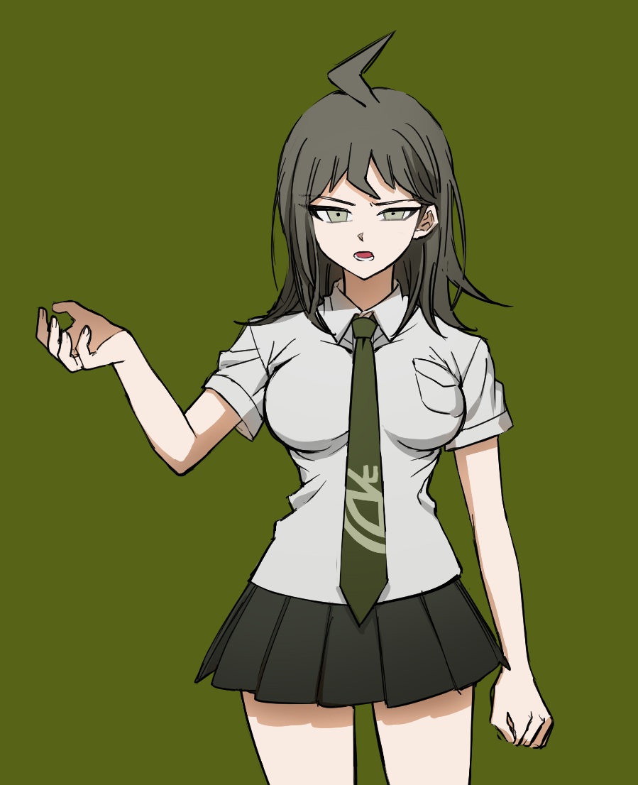 1girl ahoge annoyed bangs breasts collared_shirt cowboy_shot dangan_ronpa_(series) dangan_ronpa_2:_goodbye_despair genderswap genderswap_(mtf) green_background green_eyes green_neckwear half-closed_eye hand_up hinata_hajime long_hair looking_at_viewer medium_breasts medium_hair miniskirt necktie no_(xpxz7347) open_mouth pleated_skirt school_uniform shirt short_sleeves simple_background skirt solo standing striped white_shirt