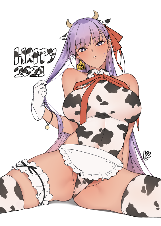 1girl 2021 animal_ears animal_print ass_visible_through_thighs bb_(fate)_(all) bracelet breasts cow_ears cow_girl cow_horns cow_print dark_skin fate/grand_order fate_(series) frills garter_straps gloves horns jewelry k52 large_breasts leotard long_hair playing_with_own_hair purple_hair ribbon sitting solo