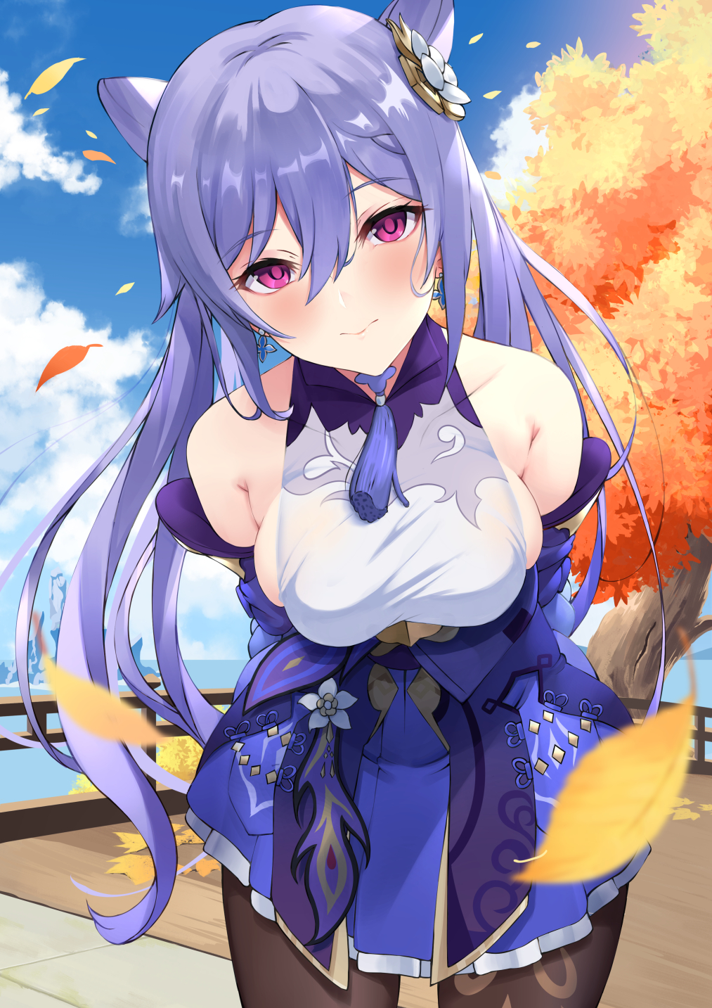 1girl arms_behind_back bangs bare_shoulders blue_sky blush breasts brown_legwear double_bun dress frilled_dress frilled_gloves frills genshin_impact gloves haido_(ryuuno_kanzume) hair_ornament highres keqing_(genshin_impact) large_breasts leaf legs long_hair looking_at_viewer pantyhose purple_dress purple_gloves purple_hair sky smile solo tree twintails violet_eyes