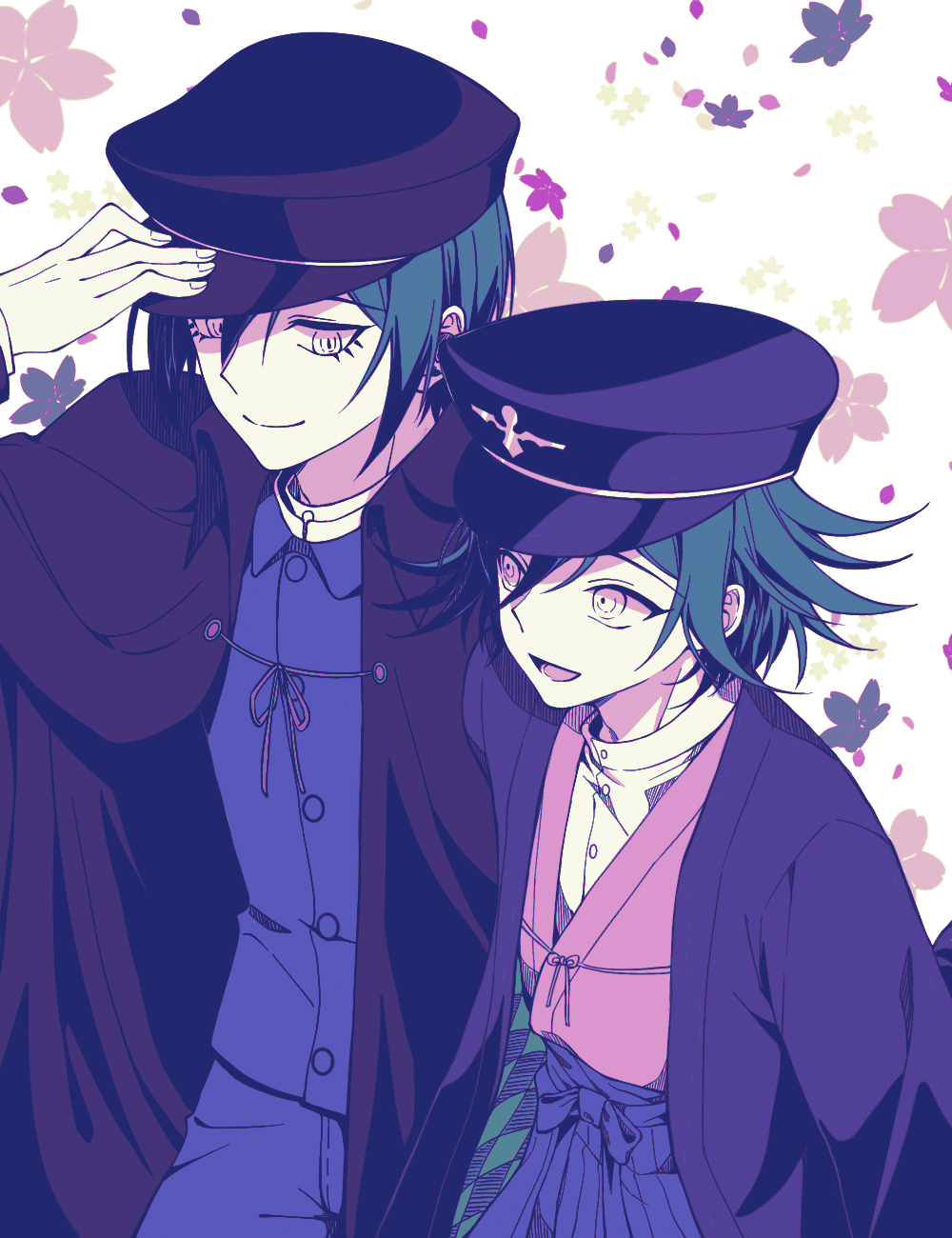 2boys :d alternate_costume bangs black_headwear black_jacket commentary_request dangan_ronpa_(series) dangan_ronpa_v3:_killing_harmony ewa_(seraphhuiyu) floral_background floral_print green_hair hair_between_eyes hakama hand_on_headwear hand_up happy hat highres jacket japanese_clothes looking_at_another male_focus multiple_boys open_mouth ouma_kokichi pleated_skirt saihara_shuuichi shirt short_hair skirt smile tagme white_shirt