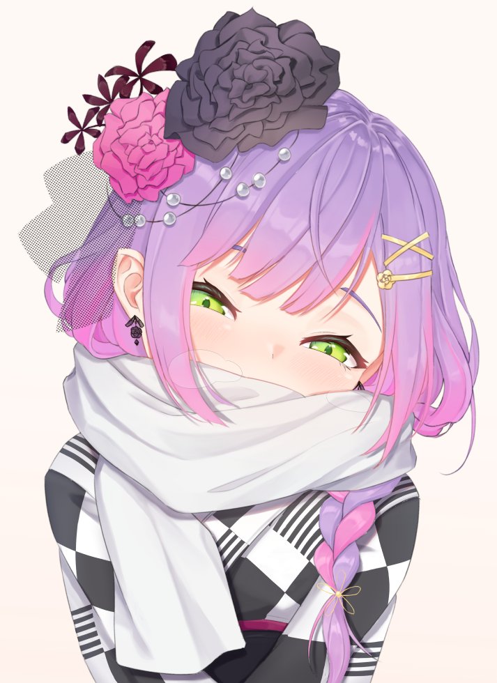 1girl alternate_hairstyle beads blush braid breath dangle_earrings earrings flower green_eyes hair_beads hair_flower hair_ornament hairclip head_tilt hololive japanese_clothes jewelry kimono long_hair looking_at_viewer meemo multicolored_hair pink_hair purple_hair scarf side_braid simple_background solo streaked_hair tokoyami_towa two-tone_hair virtual_youtuber white_background