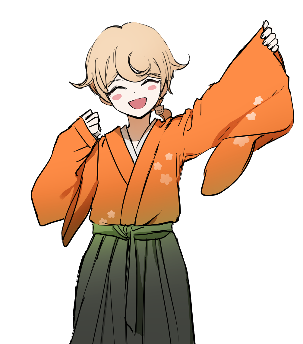 1girl :d ^_^ arm_up bangs blush_stickers cat_hair_ornament closed_eyes collarbone cowboy_shot dangan_ronpa_(series) dangan_ronpa_2:_goodbye_despair eyebrows_visible_through_hair facing_viewer genderswap genderswap_(ftm) grey_background hair_ornament hakama japanese_clothes kimono long_sleeves male_focus no_(xpxz7347) open_mouth outstretched_arm saionji_hiyoko short_hair simple_background sketch sleeves_past_wrists smile solo standing white_background wide_sleeves