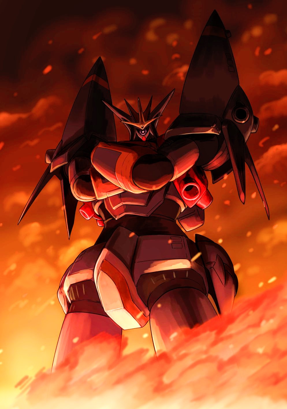 crossed_arms explosion gunbuster gunbuster_pose highres looking_at_viewer mecha niiyan no_humans one-eyed science_fiction solo super_robot top_wo_nerae! violet_eyes