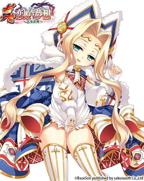 1girl blonde_hair blue_dress commentary_request covering covering_crotch dress dress_tug forehead green_eyes hair_intakes hat koihime_musou long_hair looking_at_viewer naughty_face official_art open_mouth otogi_yuugi short_dress smile solo teiiku thigh-highs thighs two-tone_dress very_long_hair white_dress white_headwear white_legwear zettai_ryouiki