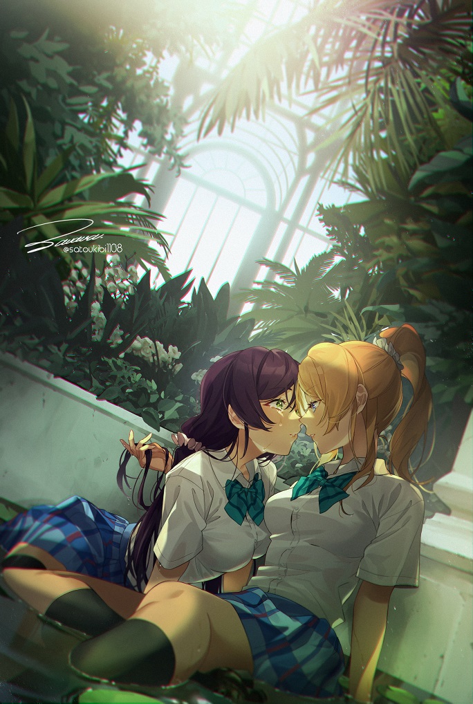 2girls all_fours ayase_eli bad_id bad_pixiv_id black_legwear blue_skirt bow bowtie breasts collared_shirt crying duplicate eye_contact face-to-face film_grain green_neckwear greenhouse hand_in_another's_hair imminent_kiss large_breasts looking_at_another love_live! love_live!_school_idol_project miniskirt multiple_girls on_floor otonokizaka_school_uniform plaid plaid_skirt playing_with_another's_hair pleated_skirt school_uniform scrunchie shirt short_sleeves signature sitting skirt striped striped_neckwear summer_uniform tears toujou_nozomi wading water white_shirt yuri zawawa_(satoukibi1108)