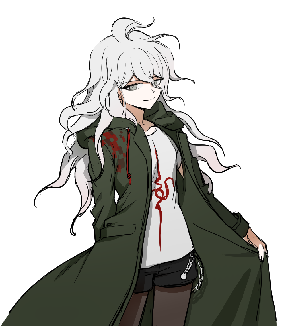 1girl bangs black_legwear black_shorts chain closed_mouth coat collarbone cowboy_shot dangan_ronpa_(series) dangan_ronpa_2:_goodbye_despair eyebrows_visible_through_hair genderswap genderswap_(mtf) green_coat grey_eyes grey_hair hair_between_eyes hood hood_down komaeda_nagito legwear_under_shorts long_hair long_sleeves looking_at_viewer messy_hair no_(xpxz7347) open_clothes pantyhose print_shirt shirt short_shorts shorts simple_background smile solo white_background white_hair white_shirt