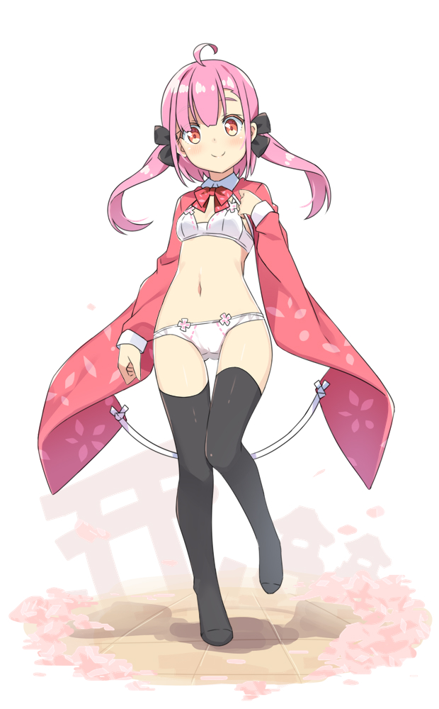 1girl ahoge bangs black_bow black_legwear blush bow bra breasts closed_mouth eyebrows_behind_hair full_body hair_bow hand_up hatsunatsu long_hair long_sleeves looking_at_viewer no_shoes original panties petals pink_hair red_eyes shrug_(clothing) small_breasts smile solo standing standing_on_one_leg thigh-highs torii two_side_up underwear white_background white_bra white_panties wide_sleeves