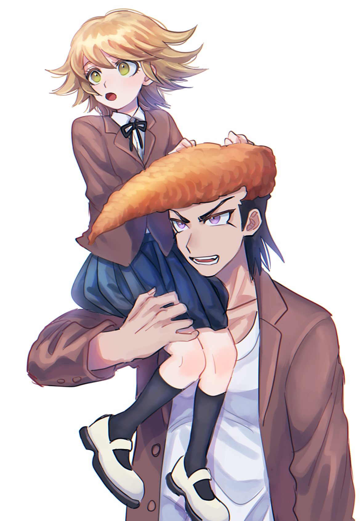 2boys :o alternate_costume bangs black_hair black_legwear blue_skirt brown_jacket collarbone collared_shirt commentary_request dangan_ronpa:_trigger_happy_havoc dangan_ronpa_(series) flipped_hair fujisaki_chihiro green_eyes hat highres jacket kneehighs long_sleeves male_focus multiple_boys neck_ribbon on_shoulder oowada_mondo open_mouth otoko_no_ko pleated_skirt ribbon school_uniform shirt shoes simple_background sitting skirt tei_(auntaso) uwabaki white_background white_footwear white_shirt