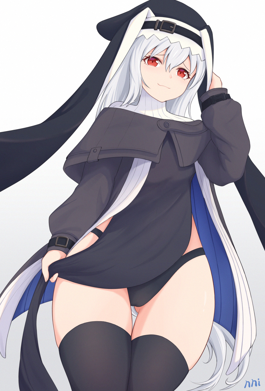 1girl :3 arknights artist_name bangs black_dress black_headwear black_legwear breasts capelet coat cowboy_shot dress grey_capelet grey_coat grey_hair habit hair_between_eyes hand_up highres long_hair long_sleeves looking_at_viewer nni9117 nun off_shoulder open_clothes open_coat panties pelvic_curtain red_eyes ribbed_sweater sidelocks small_breasts smile solo specter_(arknights) sweater thigh-highs turtleneck turtleneck_sweater underwear very_long_hair white_background white_sweater