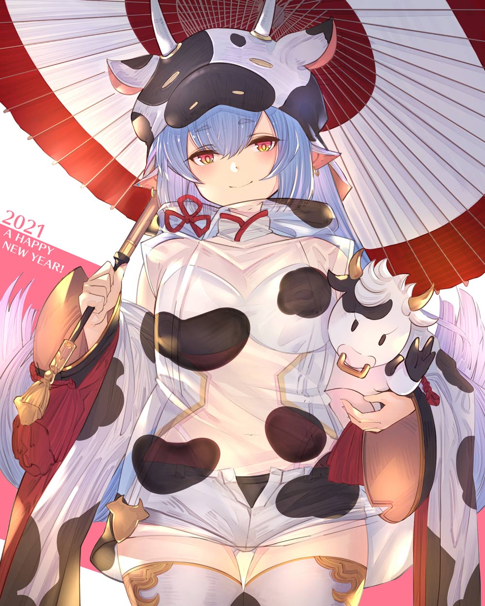 1girl 2021 animal_ears animal_print blue_hair breasts chinese_zodiac closed_mouth commentary_request cow cow_ears cow_hood cow_horns cow_print detached_sleeves draph earrings eyebrows_visible_through_hair granblue_fantasy happy_new_year highres holding holding_umbrella horns jewelry long_hair looking_at_viewer medium_breasts navel new_year oil-paper_umbrella red_eyes reki_(dezuko) shatola_(granblue_fantasy) sheer_clothes short_shorts shorts smile solo thigh-highs thigh_gap thighs umbrella white_legwear white_shorts wide_sleeves year_of_the_ox