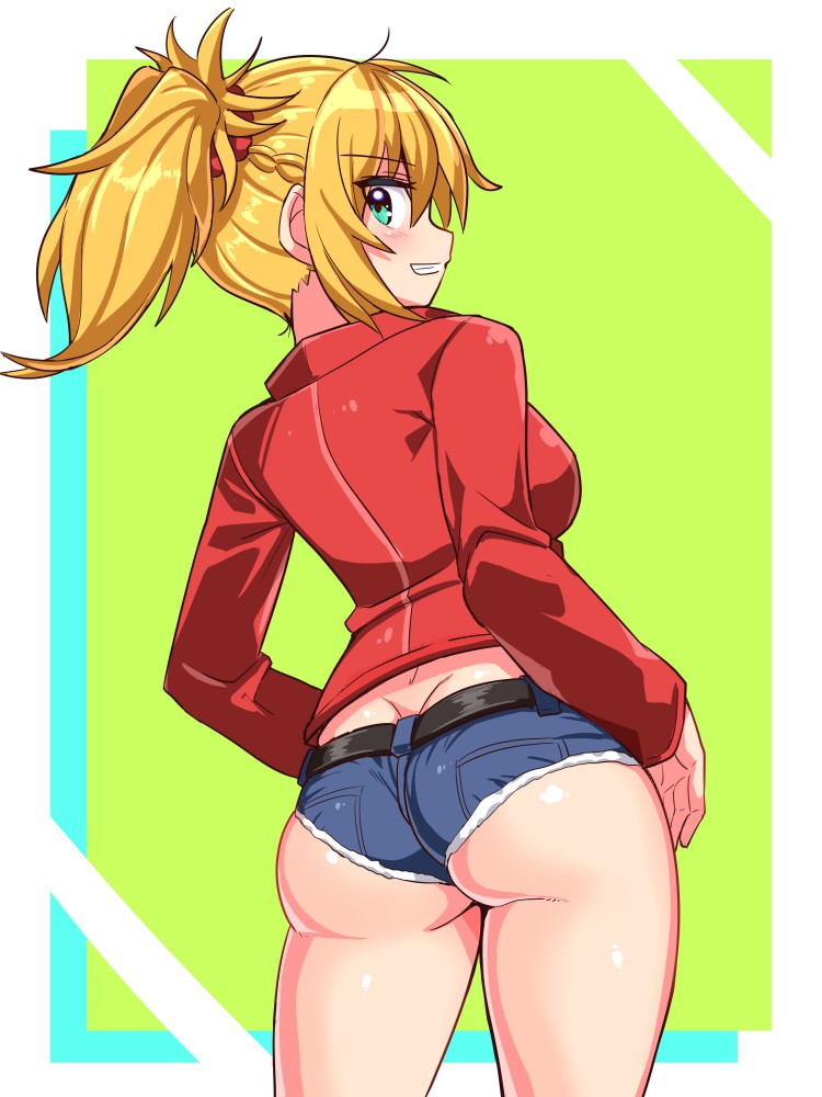 1girl ass blonde_hair blush breasts butt_crack casual commentary commission contemporary cougar_(cougar1404) denim fate/apocrypha fate_(series) from_behind green_eyes grin hairband jacket jeans memories_at_trifas mordred_(fate) mordred_(fate)_(all) pants ponytail red_hairband red_jacket skeb_commission smile solo