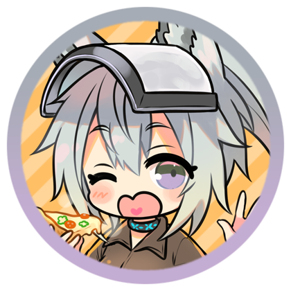1girl animal_ear_fluff animal_ears arknights bangs blush_stickers brown_shirt chibi collared_shirt diagonal_stripes eyebrows_visible_through_hair food grani_(arknights) grey_hair hair_between_eyes hands_up heart heart_in_mouth high_ponytail holding holding_food lowres marshmallow_mille one_eye_closed open_mouth pizza_slice ponytail shirt solo striped striped_background upper_body violet_eyes visor wavy_mouth