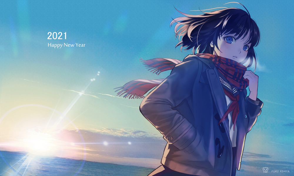 1girl 2021 artist_name ashiyafuku bangs black_hair blue_eyes floating_hair grey_jacket hand_in_pocket happy_new_year holding holding_clothes holding_scarf jacket lens_flare looking_at_viewer new_year original parted_lips scarf school_uniform serafuku short_hair solo sunrise