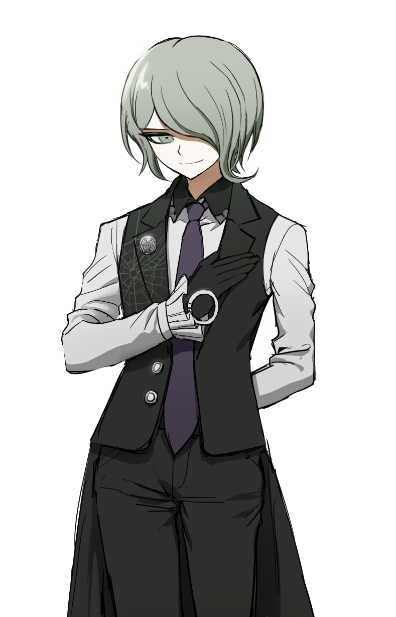 1boy arm_behind_back bangs black_gloves black_pants black_vest closed_mouth collared_shirt cowboy_shot dangan_ronpa_(series) dangan_ronpa_v3:_killing_harmony formal genderswap genderswap_(ftm) gloves green_eyes grey_background grey_shirt hair_over_one_eye hand_on_own_chest highres long_sleeves looking_at_viewer male_focus necktie no_(xpxz7347) pants purple_neckwear shirt short_hair simple_background smile solo toujou_kirumi vest white_background white_shirt