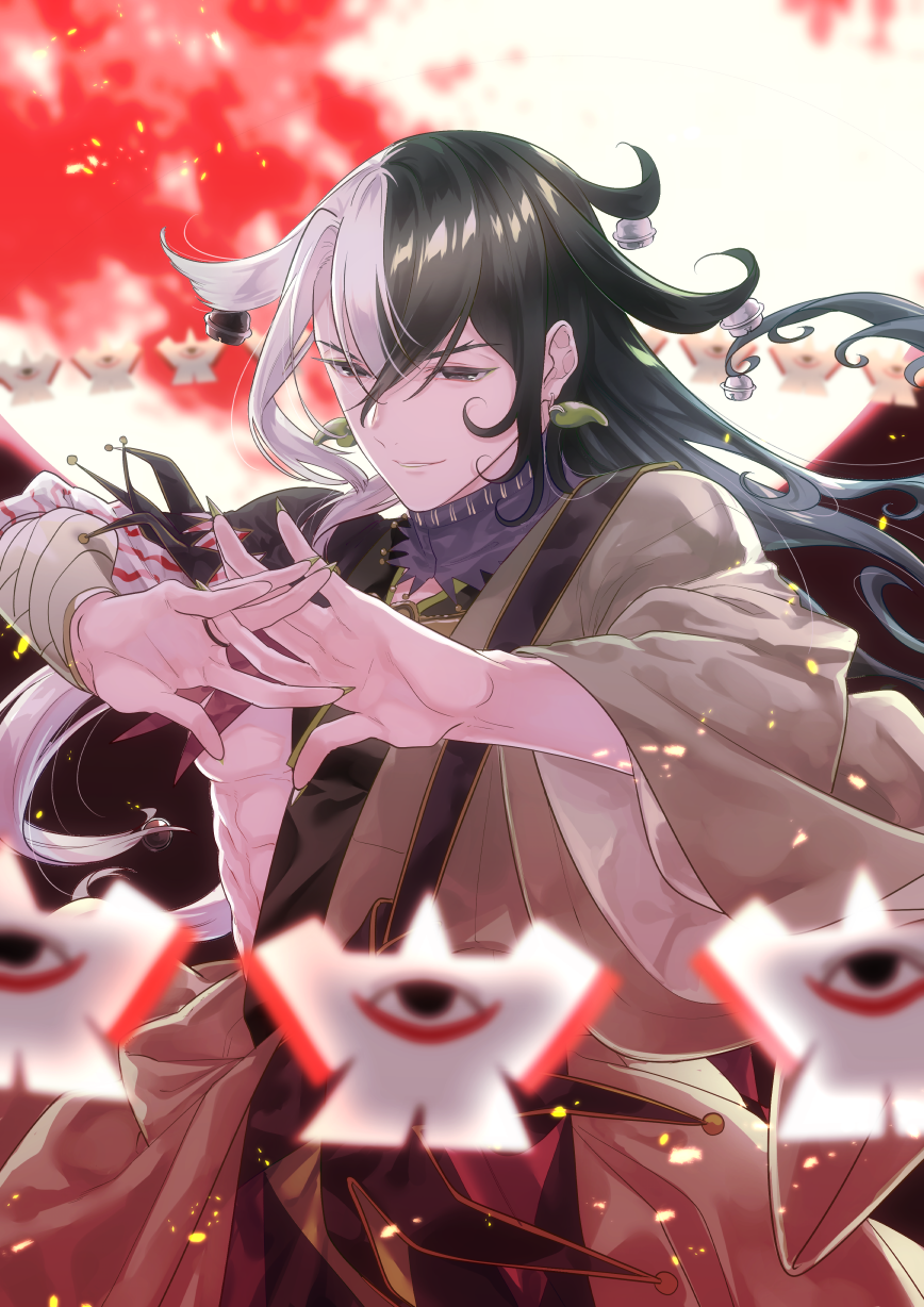 1boy ashiya_douman_(fate) asymmetrical_clothes asymmetrical_hair bell black_eyes black_hair curly_hair earrings fate/grand_order fate_(series) fingernails floating floating_object green_eyeshadow green_kimono green_lipstick green_nails hair_bell hair_between_eyes hair_intakes hair_ornament hand_gesture highres hinoya japanese_clothes jewelry kimono light_smile lipstick long_hair magatama magatama_earrings makeup male_focus moon multicolored_hair open_clothes open_kimono own_hands_together red_moon ribbed_sleeves sharp_fingernails shikigami solo toned toned_male two-tone_hair upper_body very_long_fingernails very_long_hair white_hair