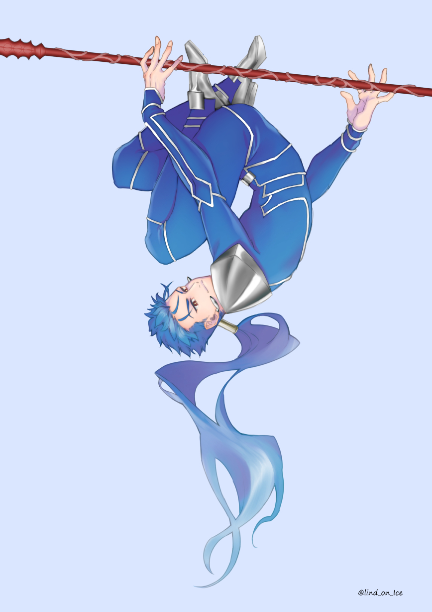 1boy armor beads blue_hair bodysuit closed_mouth cu_chulainn_(fate)_(all) earrings fate/stay_night fate_(series) full_body gae_bolg grey_background grin hair_beads hair_ornament highres holding holding_polearm holding_weapon jewelry lancer lind_(lind_on_ice) long_hair looking_at_viewer male_focus pauldrons polearm ponytail red_eyes shoulder_armor simple_background skin_tight slit_pupils smile solo spiky_hair twitter_username type-moon upside-down weapon