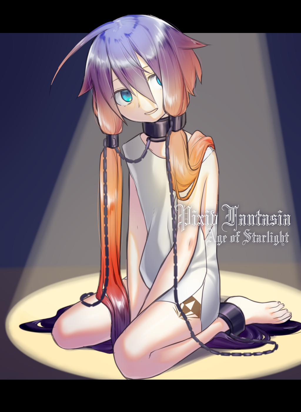 1girl :d absurdly_long_hair ahoge akira_(meltyhip) ankle_cuffs barefoot between_legs blue_eyes chain collar copyright_name gradient_hair hair_between_eyes hair_tubes hand_between_legs head_tilt highres long_hair looking_at_viewer metal_collar multicolored_hair open_mouth orange_hair pixiv_fantasia pixiv_fantasia_age_of_starlight purple_hair rags redhead sitting smile solo toenails v_arms very_long_hair wariza