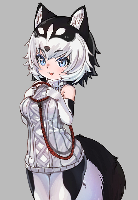 1girl animal_ears black_hair blue_eyes blush elbow_gloves eyebrows_visible_through_hair gloves kemono_friends leash looking_at_viewer nyifu original pantyhose parted_lips smile solo sweater tail white_hair white_sweater wolf_ears wolf_girl wolf_tail