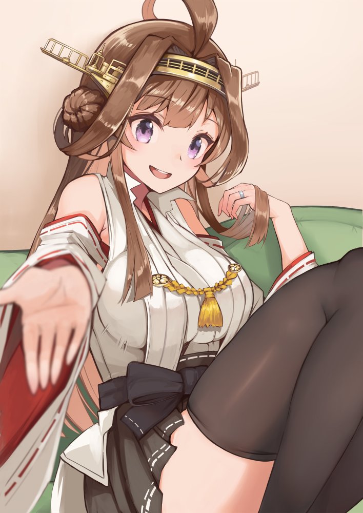 1girl :d ahoge black_legwear black_skirt brown_hair couch detached_sleeves double_bun eyebrows_visible_through_hair hakama_skirt headgear impossible_clothes jewelry kantai_collection kongou_(kantai_collection) long_hair looking_at_viewer on_couch open_mouth outstretched_arms pleated_skirt remodel_(kantai_collection) ring sitting skirt smile solo thigh-highs violet_eyes wedding_band wide_sleeves yuzuruka_(bougainvillea)