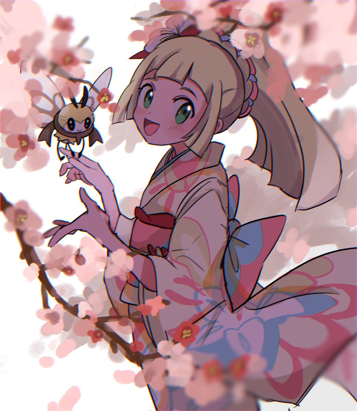 1girl :d anzu_(01010611) blonde_hair blush bow commentary_request eyelashes floral_print gen_7_pokemon green_eyes hair_ornament hands_up highres japanese_clothes kimono lillie_(pokemon) long_hair looking_to_the_side open_mouth pokemon pokemon_(creature) pokemon_(game) pokemon_masters_ex ponytail ribombee sketch smile tongue tree_branch wide_sleeves yellow_kimono