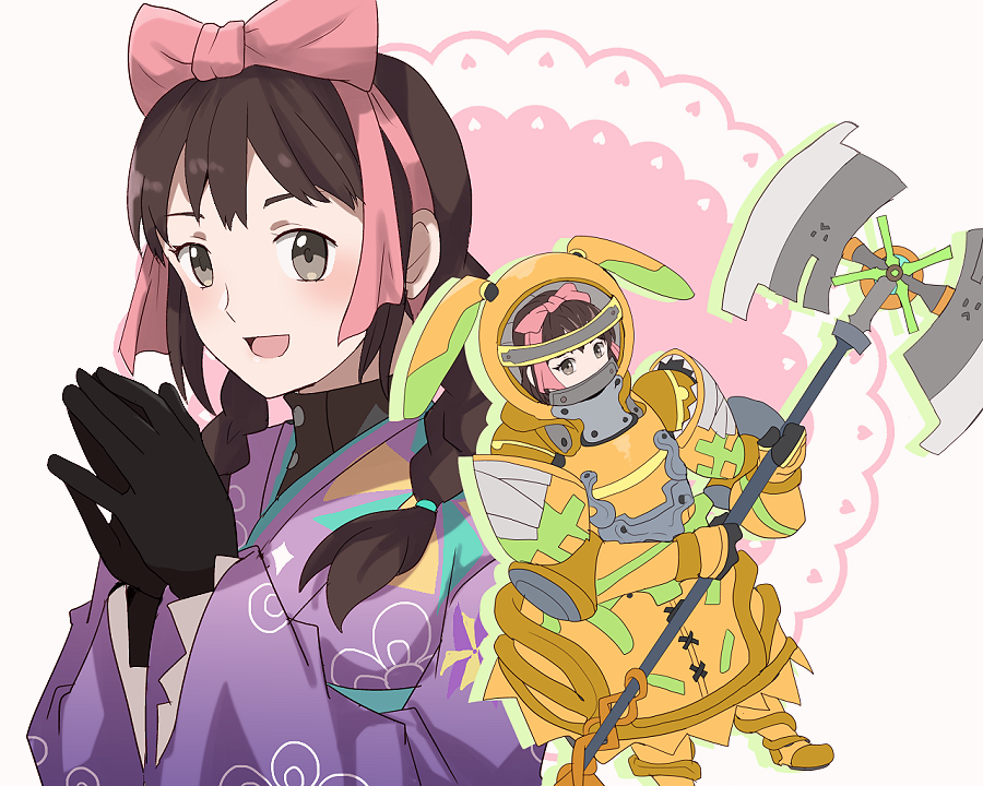 1girl armor axe bow braid brown_eyes brown_hair dual_persona full_body gloves hands_together japanese_clothes kimono minamoto_mamori open_mouth pink_bow rem_sora410 smile tokyo_mirage_sessions_fe twin_braids upper_body
