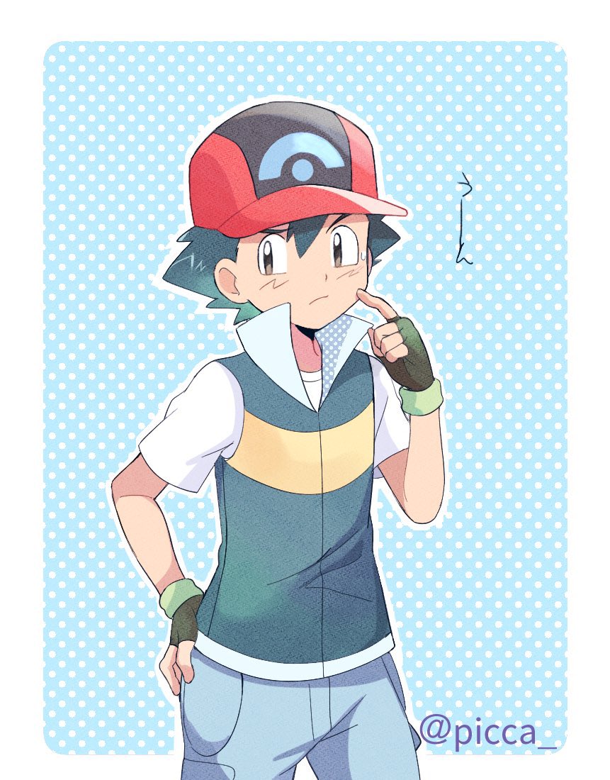 1boy ash_ketchum bangs baseball_cap blue_background border brown_eyes closed_mouth collared_jacket commentary_request cowboy_shot fingerless_gloves gloves green_gloves green_hair grey_pants hair_between_eyes hand_on_hip hand_up hat jacket male_focus mei_(maysroom) outline pants pokemon pokemon_(anime) pokemon_dppt_(anime) polka_dot polka_dot_background popped_collar red_headwear shirt short_hair short_sleeves solo sweatdrop twitter_username white_border white_shirt