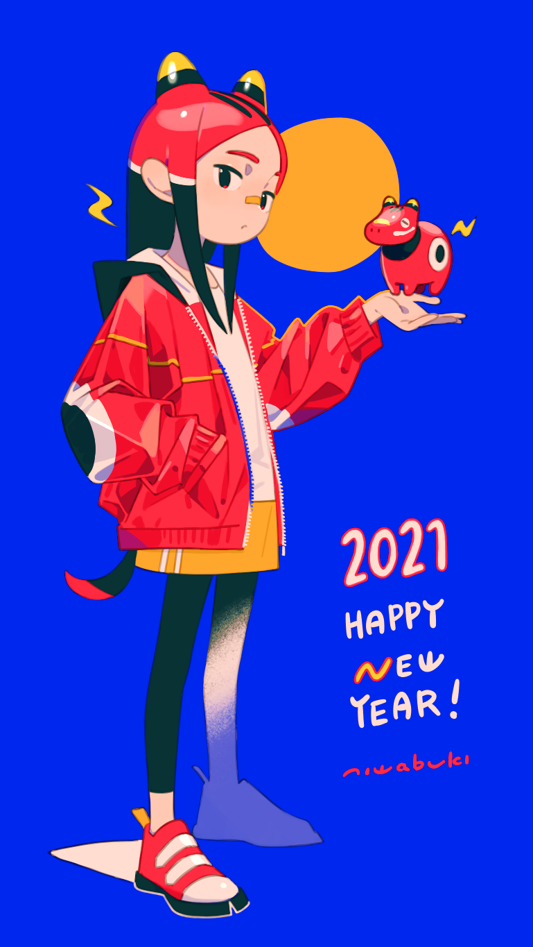 1girl 2021 bandaid bandaid_on_nose bangs black_hair black_legwear blue_background chinese_zodiac circle closed_mouth cow_horns expressionless eyebrows from_side full_body gradient hand_in_pocket hand_up happy_new_year highres holding hood hood_down hooded_jacket horns jacket leggings legs_apart limited_palette long_hair long_sleeves looking_at_viewer looking_to_the_side multicolored_hair new_year niwabuki open_clothes open_jacket original parted_bangs personification red_eyes red_footwear red_jacket redhead shirt shoes signature silhouette simple_background skirt sneakers solo standing straight_hair very_long_hair white_shirt year_of_the_ox yellow_skirt zipper_pull_tab