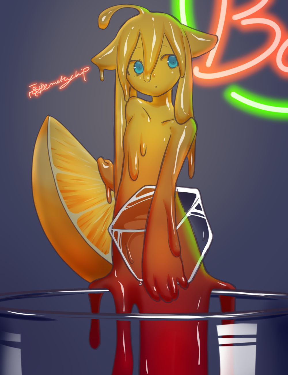 1girl ahoge akira_(meltyhip) animal_ears blue_eyes colored_sclera colored_skin completely_nude flat_chest food fruit glass gradient_skin hair_between_eyes highres holding ice ice_cube long_hair looking_to_the_side minigirl monster_girl neon_lights nude orange orange_sclera orange_skin orange_slice original oversized_forearms oversized_limbs parted_lips red_skin signature slime_girl solo