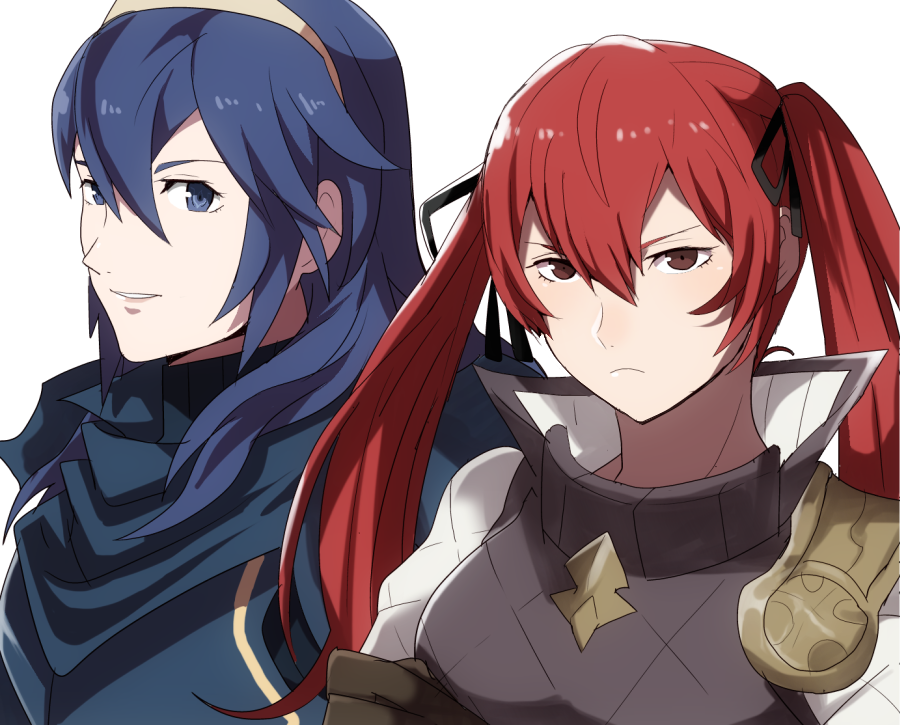 2girls blue_eyes blue_hair closed_mouth fire_emblem fire_emblem_awakening fire_emblem_fates long_hair looking_at_viewer lucina lucina_(fire_emblem) multiple_girls parted_lips red_eyes redhead rem_sora410 ribbon selena_(fire_emblem_fates) severa_(fire_emblem) smile tiara twintails upper_body vest