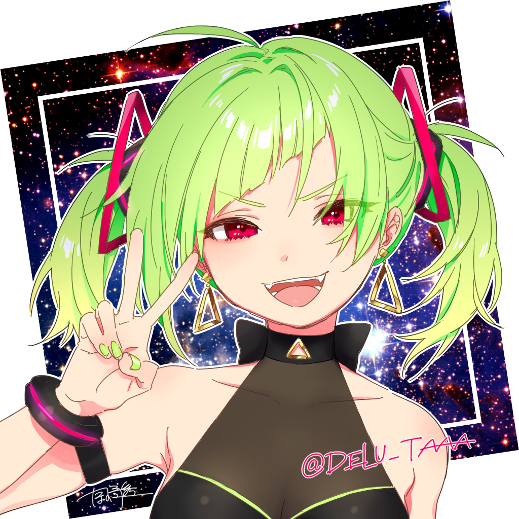 1girl arm_strap collarbone delutaya earrings fangs green_hair green_nails hair_behind_ear indie_virtual_youtuber jewelry nail_polish okazaki_toru open_mouth red_eyes solo triangle_earrings twintails twitter_username upper_body v v-shaped_eyebrows virtual_youtuber