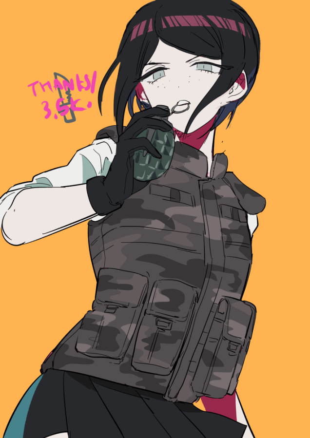 1girl black_gloves black_hair black_skirt camouflage camouflage_jacket dangan_ronpa:_trigger_happy_havoc dangan_ronpa_(series) english_text explosive freckles gloves grenade grenade_pin holding_grenade ikusaba_mukuro jacket knife looking_down milestone_celebration nabu_(d4ng4nn6bu12) orange_background serious short_hair short_sleeves sidelocks simple_background skirt solo