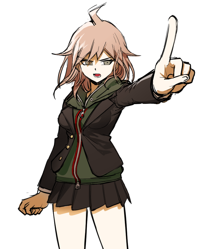 1girl ahoge arm_at_side bangs black_jacket black_skirt breasts brown_eyes brown_hair cowboy_shot dangan_ronpa:_trigger_happy_havoc dangan_ronpa_(series) eyebrows_visible_through_hair genderswap genderswap_(mtf) hair_between_eyes hand_up hood hood_down jacket long_sleeves looking_at_viewer medium_breasts medium_hair messy_hair miniskirt naegi_makoto no_(xpxz7347) open_mouth pleated_skirt pointing pointing_at_viewer school_uniform serafuku simple_background skirt solo teeth white_background