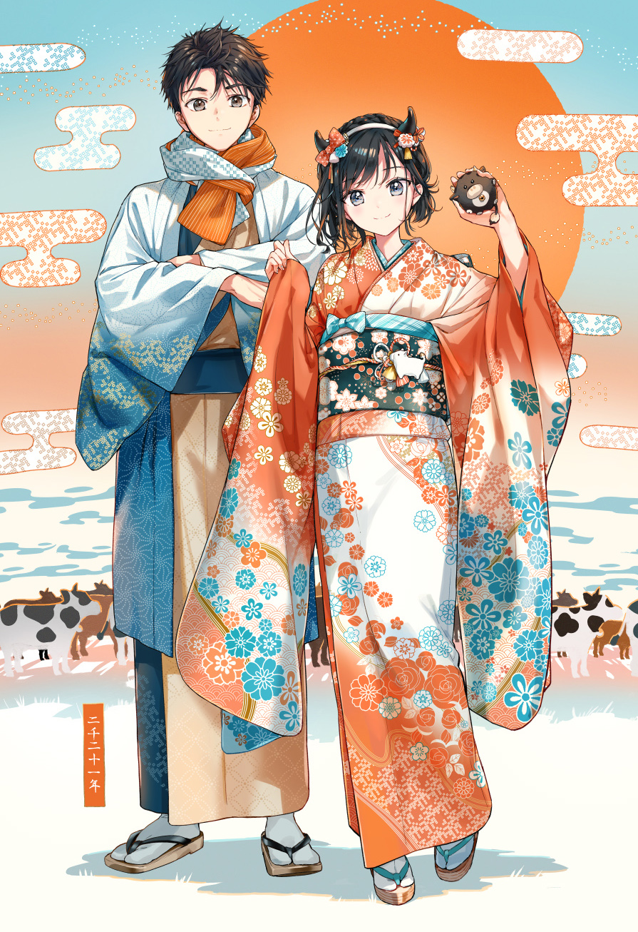 1boy 1girl artist_request black_hair brown_eyes bull character_request crossed_arms doll grey_eyes hair_ornament headband highres holding holding_clothes japanese_clothes kimono looking_at_viewer sandals scarf sun tilt-shift yukata