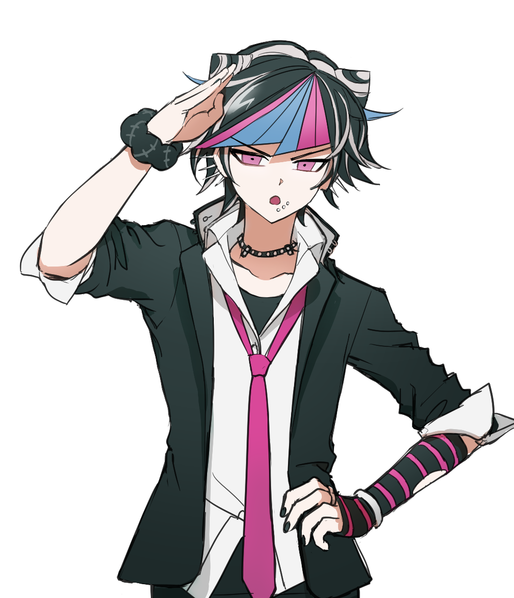 1boy :o black_hair black_jacket black_scrunchie black_shirt blue_hair bracelet choker collared_shirt dangan_ronpa_(series) dangan_ronpa_2:_goodbye_despair ear_piercing fake_horns genderswap genderswap_(ftm) hand_on_hip hand_up horns jacket jewelry looking_at_viewer male_focus mioda_ibuki multicolored_hair nail_polish necklace necktie no_(xpxz7347) open_mouth piercing pink_eyes pink_hair pink_neckwear school_uniform scrunchie shiny shiny_hair shirt short_hair simple_background sleeves_folded_up solo white_background white_hair white_shirt wrist_scrunchie