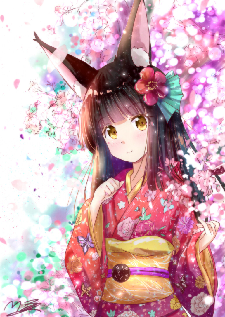 1girl alternate_costume animal_ears azur_lane bangs black_hair blunt_bangs blurry cherry_blossoms commentary_request depth_of_field eyebrows_visible_through_hair fox_ears hair_ornament head_tilt japanese_clothes kimono long_hair looking_at_viewer m_ko_(maxft2) nagato_(azur_lane) new_year obi sash sidelocks signature smile solo yellow_eyes