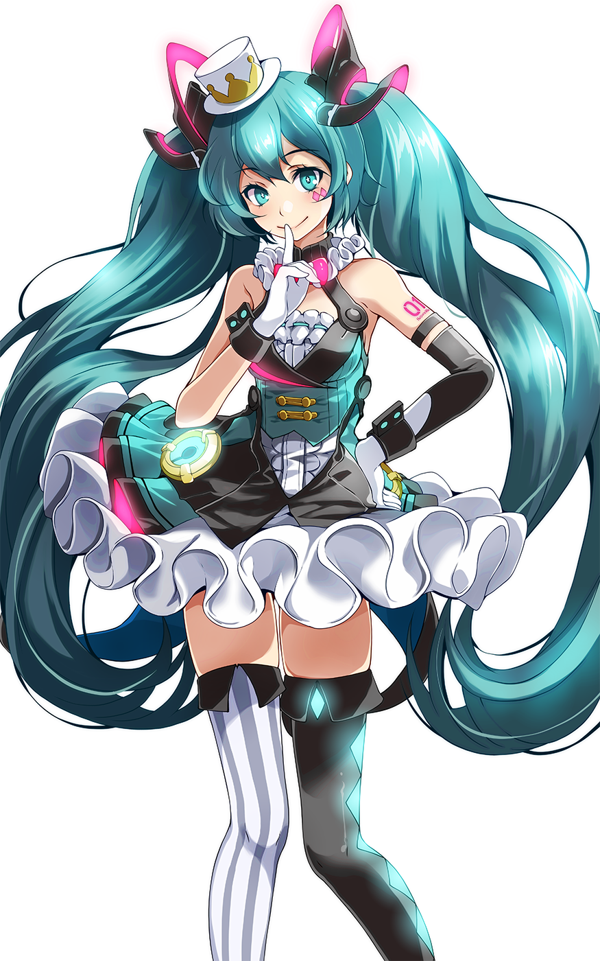 1girl aqua_eyes aqua_hair arm_tattoo asymmetrical_gloves asymmetrical_legwear bare_shoulders breasts closed_mouth commentary contrapposto cowboy_shot facepaint finger_to_mouth gloves hand_on_hip hat hatsune_miku highres knees_together_feet_apart long_hair looking_at_viewer magical_mirai_(vocaloid) mini_hat mini_top_hat simple_background small_breasts smile solo standing star-shaped_pupils star_(symbol) symbol-shaped_pupils tattoo top_hat tsukishiro_saika twintails very_long_hair vocaloid white_background