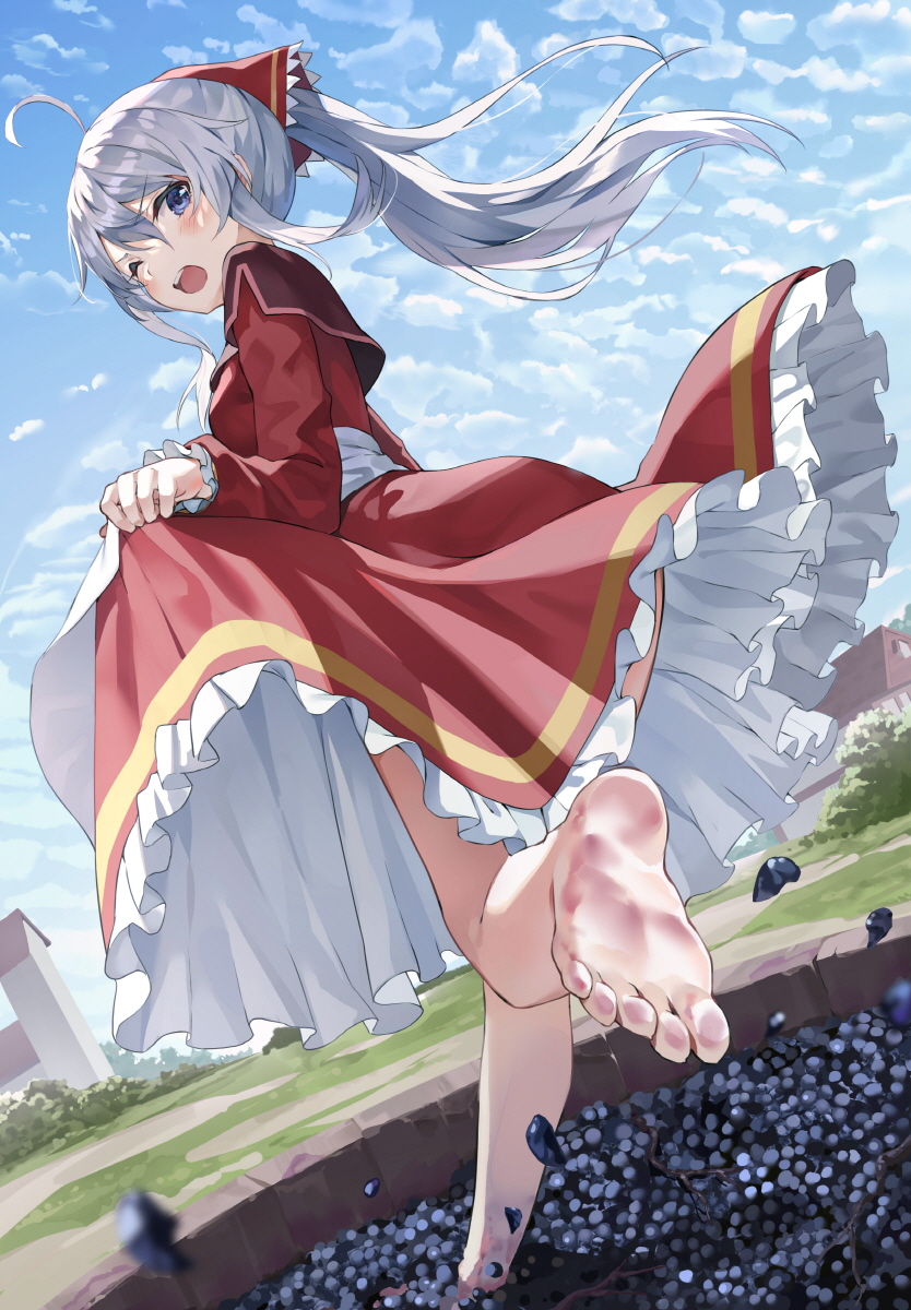 1girl alternate_hairstyle apron artist_request barrel blush bow collared_dress dress elaina_(majo_no_tabitabi) feet food frilled_dress frills fruit grape_stomping grapes hair_between_eyes highres holding holding_clothes long_sleeves majo_no_tabitabi official_alternate_costume white_hair