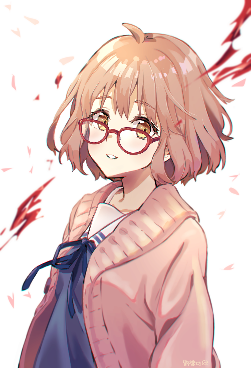 1girl ahoge antenna_hair arms_at_sides blood bob_cut brown_eyes brown_hair cardigan glasses highres kuriyama_mirai kyoukai_no_kanata looking_at_viewer red-framed_eyewear revision school_uniform serafuku short_hair simple_background smile solo standing upper_body white_background yaeichi_illust