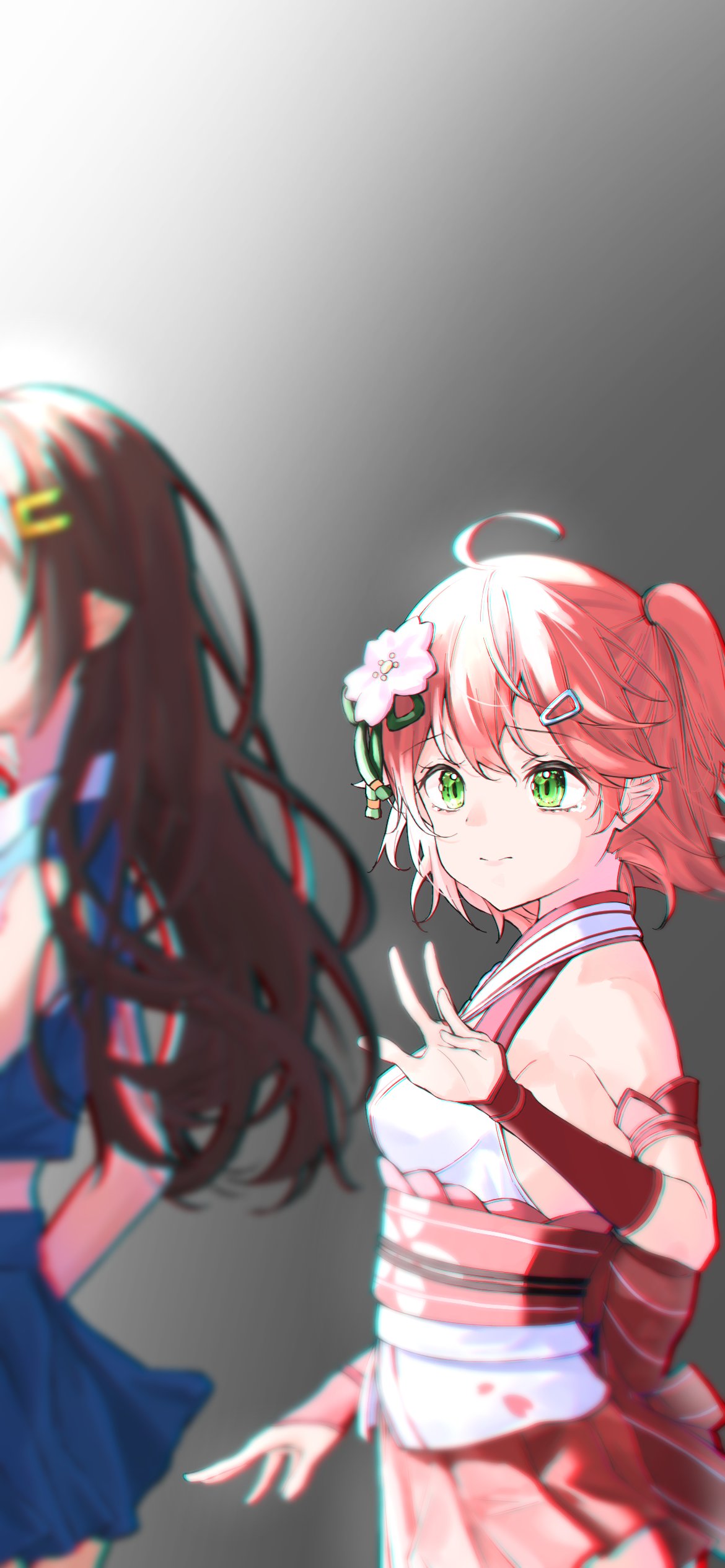 2girls absurdres ahoge arm_strap blurry_foreground bracer breasts brown_hair flower green_eyes hair_flower hair_ornament hairclip highres hololive idol japanese_clothes kiaoekakishitai long_hair medium_breasts miko multiple_girls open_hand pink_flower reaching_out redhead sakura_miko short_hair side_ponytail tokino_sora virtual_youtuber