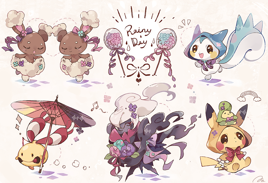 blush budew buneary chimecho closed_eyes coco7 commentary darkrai gen_1_pokemon gen_3_pokemon gen_4_pokemon holding hood hood_up mythical_pokemon no_humans oil-paper_umbrella on_head pachirisu pikachu pokemon pokemon_(creature) pokemon_on_head purple_ribbon ribbon smile umbrella