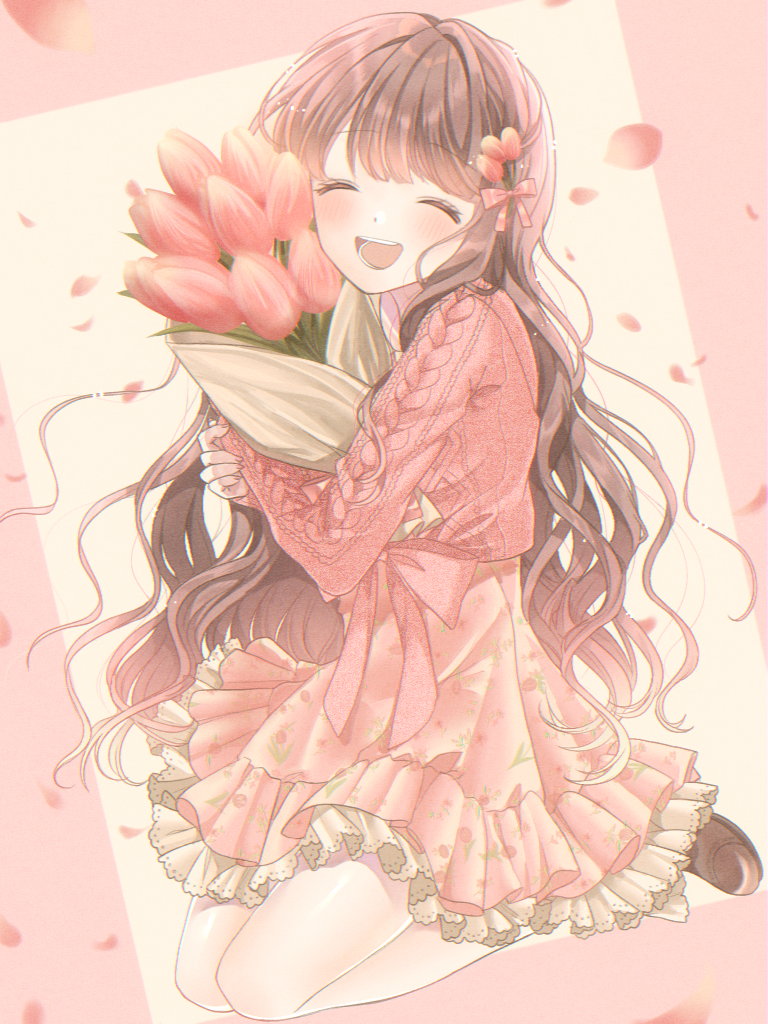 1girl bangs blush bouquet brown_footwear brown_hair closed_eyes dress eyebrows_visible_through_hair floral_print flower hair_flower hair_ornament holding holding_bouquet konpeito1025 long_hair object_hug open_mouth original petals pink_background pink_dress pink_sweater sitting smile solo sweater symbol_commentary tulip two-tone_background upper_teeth very_long_hair wariza wavy_hair
