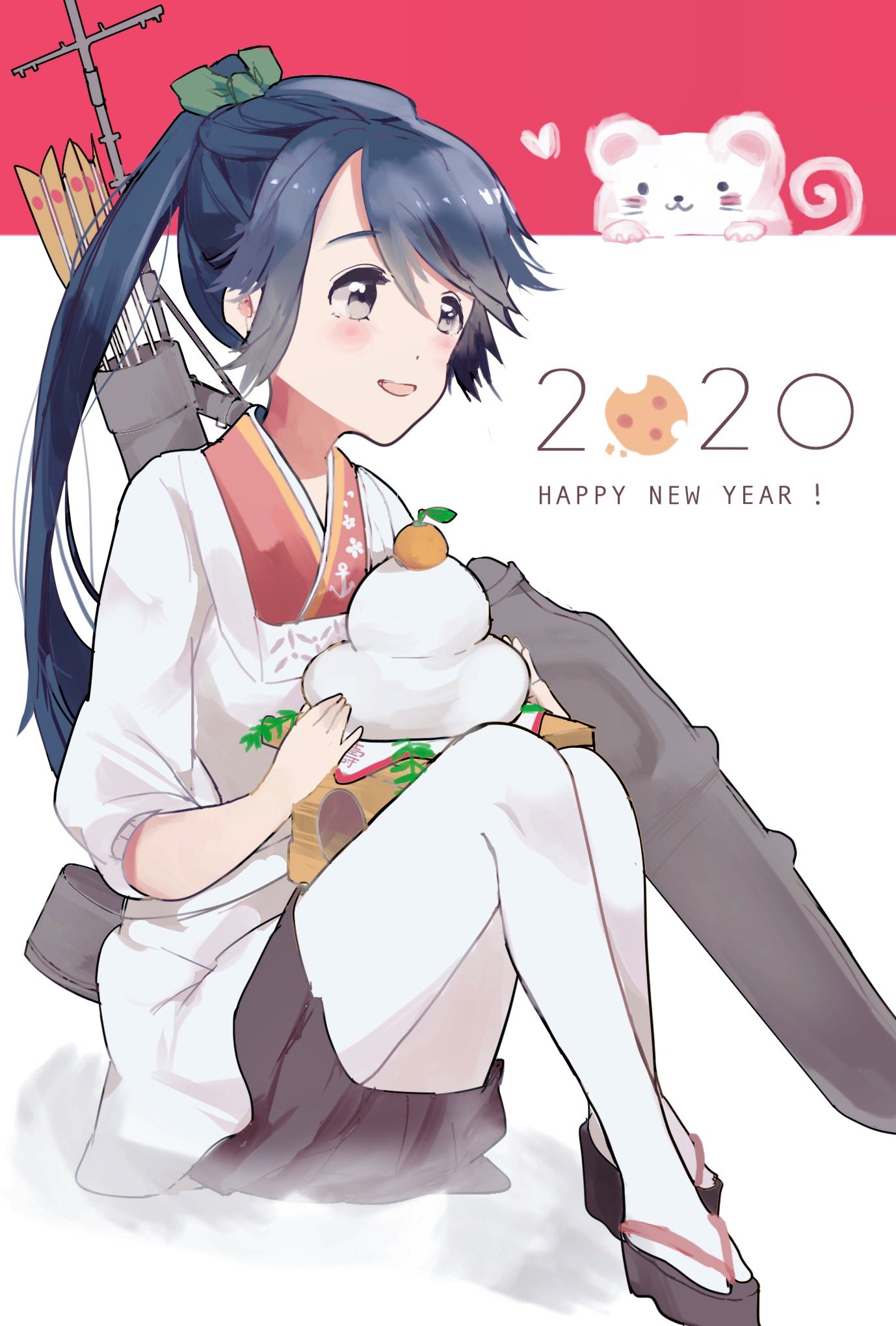 1girl 2020 :d arrow_(projectile) black_skirt blue_hair chinese_zodiac flight_deck geta green_ribbon grey_eyes hair_ribbon happy_new_year highres houshou_(kantai_collection) japanese_clothes kagami_mochi kantai_collection kappougi kimono long_hair looking_to_the_side mast mouse new_year open_mouth pantyhose ponytail qqqmei quiver ribbon sitting skirt smile solo white_legwear year_of_the_rat
