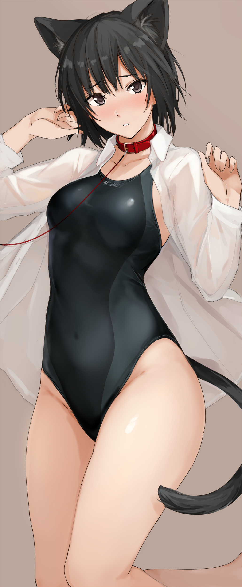 1girl absurdres amagami animal_collar animal_ear_fluff animal_ears bed_sheet black_hair black_swimsuit blush breasts brown_eyes cat_ears cat_tail collar commentary_request competition_swimsuit fake_animal_ears highres kemonomimi_mode leash looking_at_viewer lying medium_breasts mobu nanasaki_ai on_back one-piece_swimsuit open_clothes open_shirt red_collar shirt short_hair solo swimsuit tail thighs white_shirt